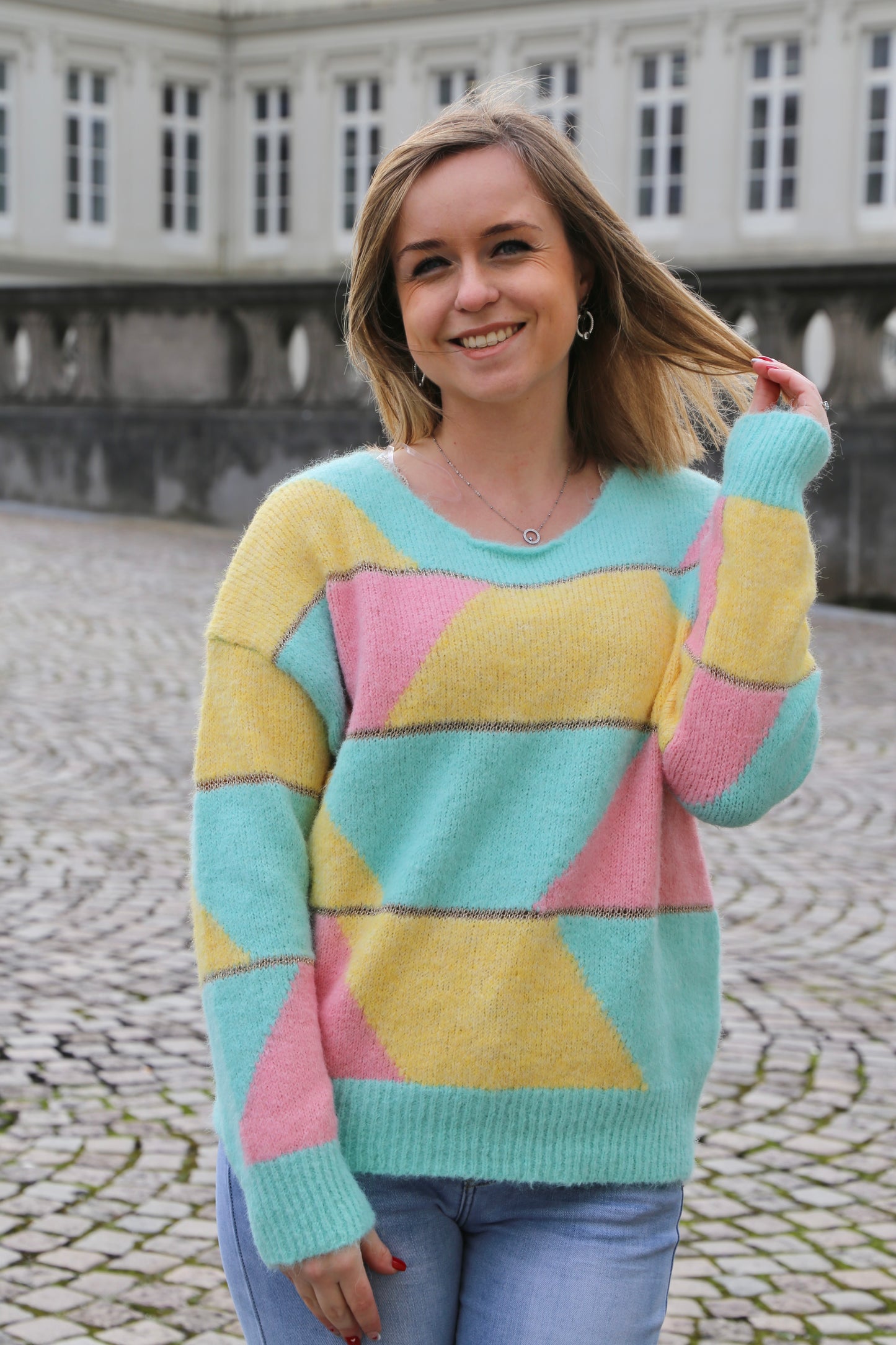 Pull Agnès jaune/rose/vert d’eau