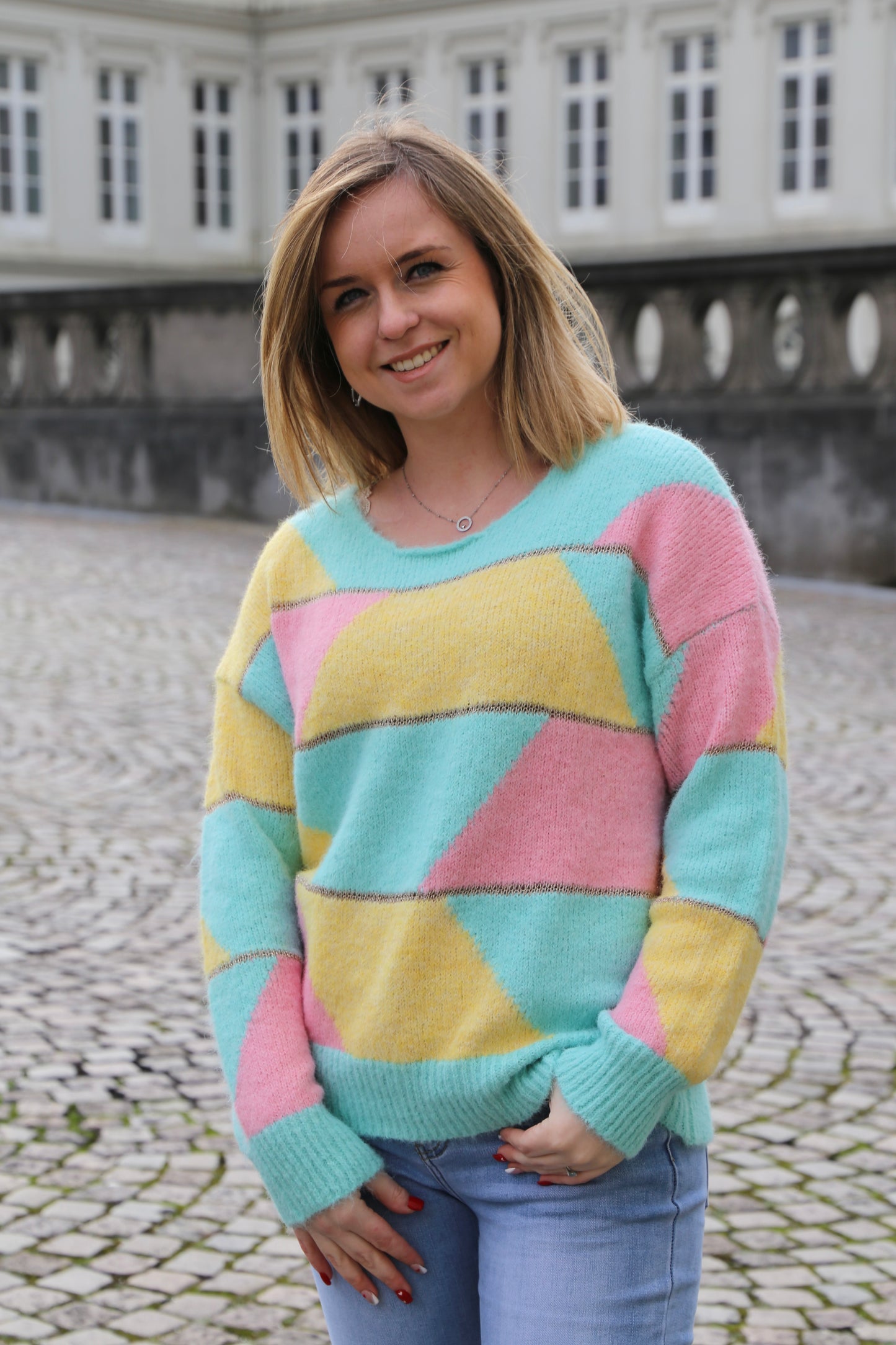 Pull Agnès jaune/rose/vert d’eau