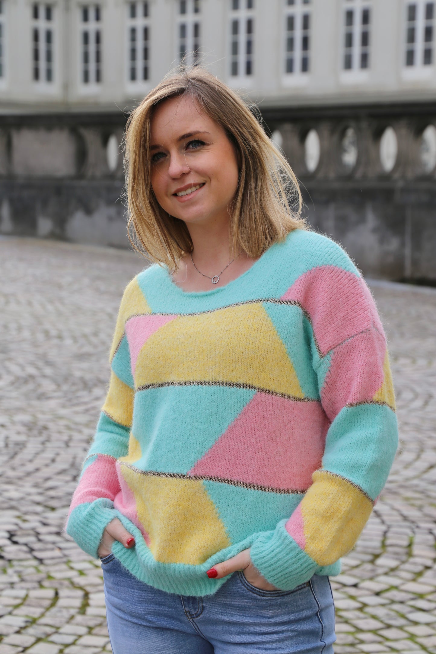 Pull Agnès jaune/rose/vert d’eau