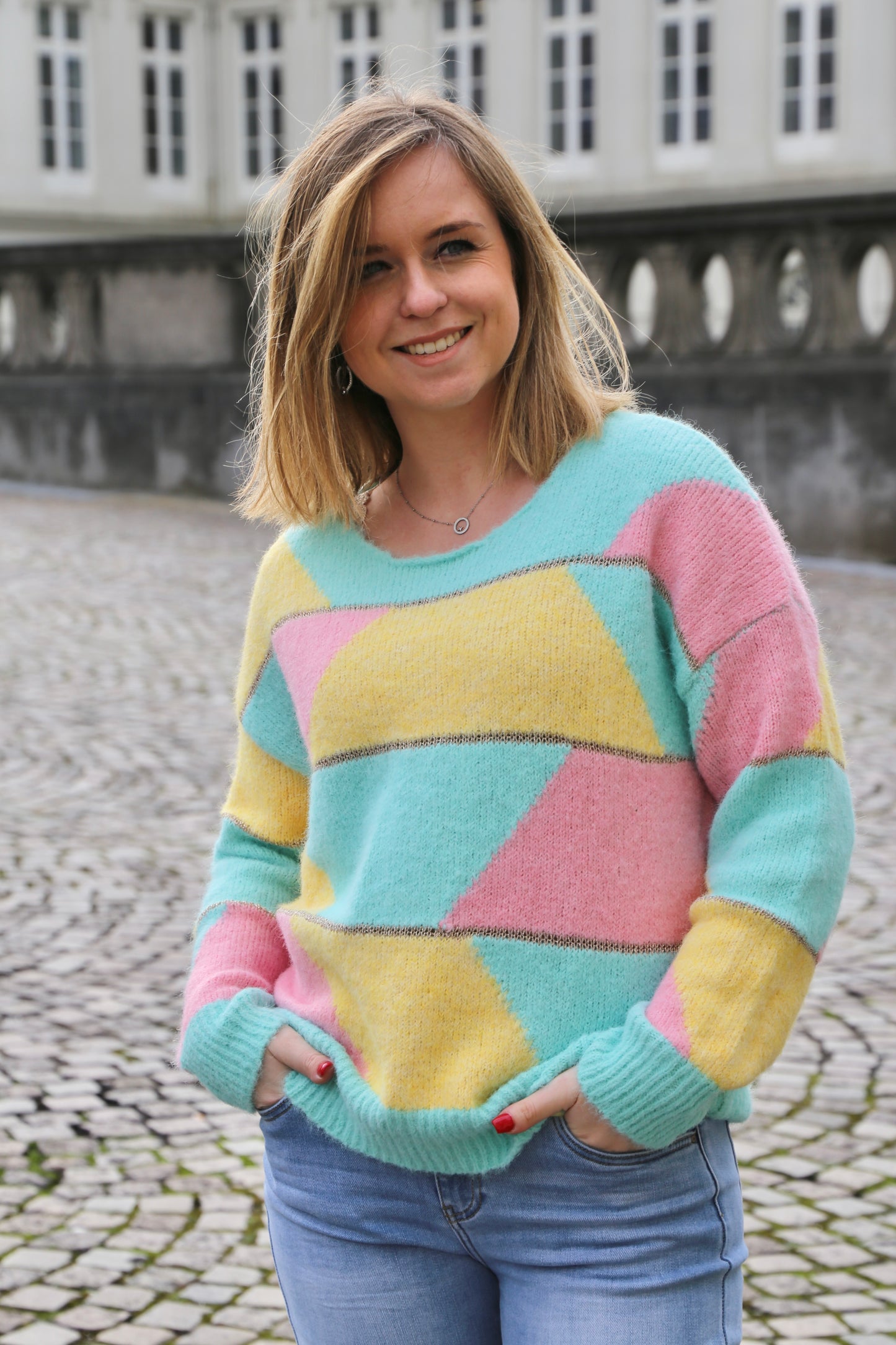 Pull Agnès jaune/rose/vert d’eau