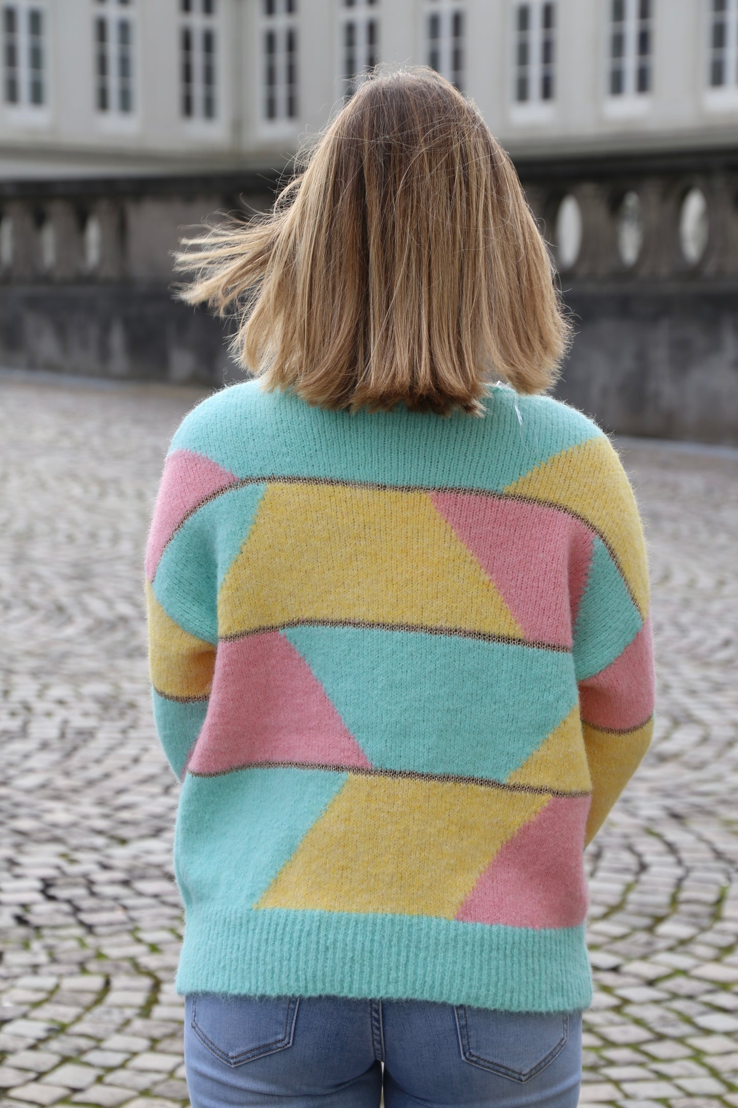 Pull Agnès jaune/rose/vert d’eau